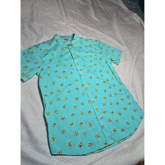 Pokemon Button Down Short Sleeve Shirt Pikachu All Over Print Blue Mens Small - Picture 2 of 6